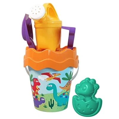 Bild av Dino Hinkset, sandleksak, 6 delar, hink, sil, sandform, spade, kratta, gjutjärn, 16 cm, D: 17 från 10 månader