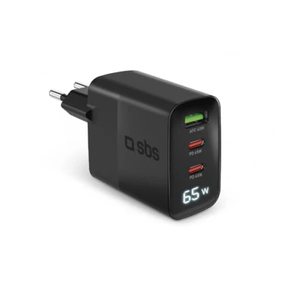 Bild av SBS 65 W USB C laddare med LCD skärm, 2 portar, 1 A port, EU kontakt, Power Delivery, perfekt för Android smartphones, iPhone, surfplatta, MacBook, bärbar dator