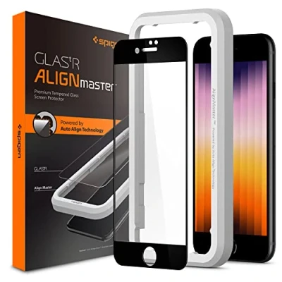 Bild av Spigen AlignMaster Skärmskydd kompatibel med iPhone SE 3 (2022), 2 (2020), 8/7, met sjabloon voor installatie, Full Täckning, kristallklart, Case friendly, 9H härdat Glas