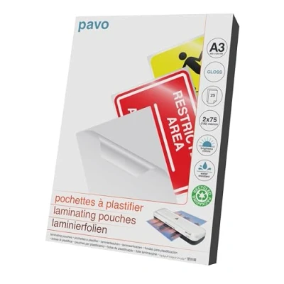Bild av Pavo A3 lamineringspåse 2 x 75 Mikron(150 Mikron) glans, paket med 25 ark