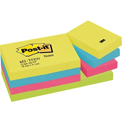 Bild av Post it Notes energisk färgsamling, paket med 12 dynor, 100 ark per dyna, 38 mm x 51 mm, gul, blå, rosa, gröna färger självhäftande anteckningar för anteckningar, att göra listor och påminnelser