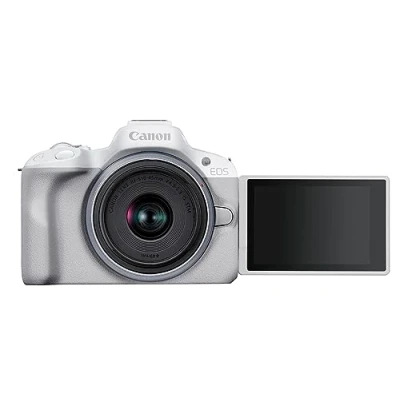 Bild av Canon EOS R50 + RF S 18 45 mm F4,5 6,3 IS STM24,2 MP APS C spegelfri kameraUpp till 15 fps Cont.Dual Pixel CMOS AF II4K 30pVari vinkelskärmBluetooth och WiFiVit