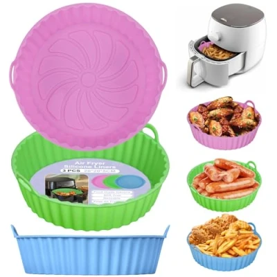 Bild av Alyvisun Silikonform för Luftfritös, 3 Stycken Silikongrytor Airfryer Återanvändbara Silikonfoder Luftfritöskorg Rund Silikonbakform Air Fryer, Mikrovågsugn och Ugn (Rosa+Grön+Himmelblå)