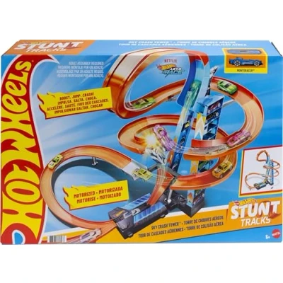 Bild av Hot Wheels Sky Crash Tower banset, 83 cm högt med motordriven booster, orange bana och 1 fordon, tävla flera bilar, present till barn från 5 10 år äldre, GWT39