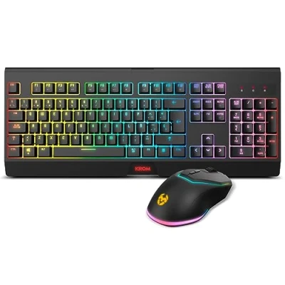 Bild av KROM KABALA Bakgrundsbelyst RGB Rainbow Wireless Membrane Keyboard Kit, 6 Anti Ghosting tangenter, Optical Mouse levels DPI 800 4800 on the fly, PC kompatibel, Spansk layout, Svart