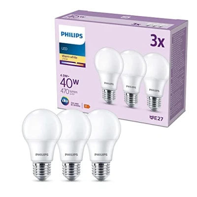 Bild av PHILIPS LED multipack: 4,9W (40W), A60, E27, Varmvitt 2700 Kelvin, Frostad plast, 470 lumen, Ej dimbar, 15000 timmar livslängd, 3 pack Vit, 929003540253