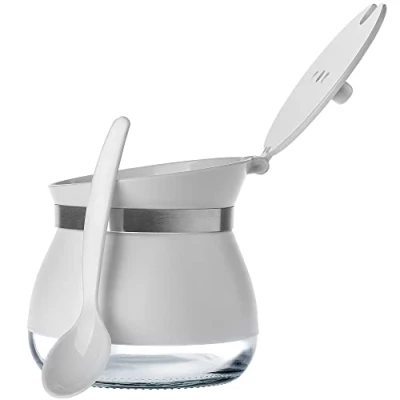 Bild av KADAX Sockerskål med sked, 270 ml sockerbehållare av pulverlackerat glas, 9 x cm sockerströare i 2 färger, kryddburk lock för te, socker (vit)