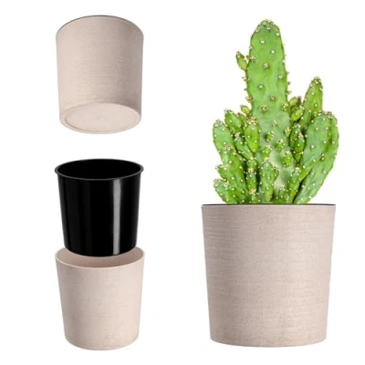 Bild av KADAX Blomkruka med träspån, elegant ytterkruka inlägg, kruka, trädgårdsskål, blomkruka, blomkrukeskydd för vardagsrum, kontor (⌀ 25 cm, kräm)