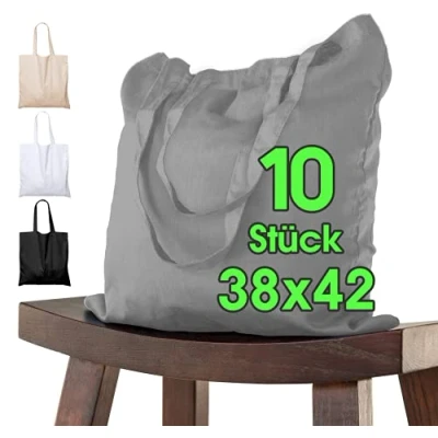 Bild av Bomullspåse 38x42 cm 10 delar, otryckt, långt handtag, tygpåse, bärväska, påse, bomullspåse, jutepåse OEKO TEX® certifierad shoppingväska, shoppingväska för målning (Grå)