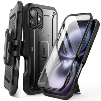 Bild av SUPCASE Fodral för iPhone 16 6.1‘’ 2024 med Skärmskydd, [integrerat Stativ och Bältesklämma] Robust Hållbart 360 graders Skyddande Hårt (Svart)