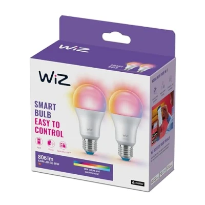 Bild av WiZ smart färglampa, E27, 8,5 W, inställbar, rörelsesensor med app, ansluten WiFi fungerar Alexa, Google Assistant &amp; HomeKit, appkontroll för inomhusbelysning i hemmet, sovrum, 2 pack