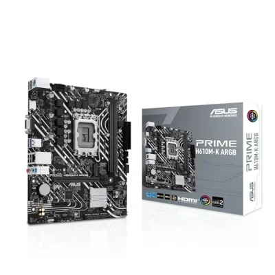 Bild av ASUS PRIME H610M K ARGB Intel H610 mATX moderkort (LGA 1700), DDR5, PCIe 4.0, M.2 kortplats, Realtek 1 GB Ethernet, HDMI, VGA, USB 3.2 Gen 1, SATA 6 Gbps, 2 adresserbara hörlurar, Aura Sync