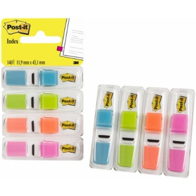 Bild av Post it 683 4ABX Index Mini 11,9 x 43,2 mm, 4 35 självhäftande remsor i fodral ‎blå/grön/orange/lila (1 förpackning med stycken)