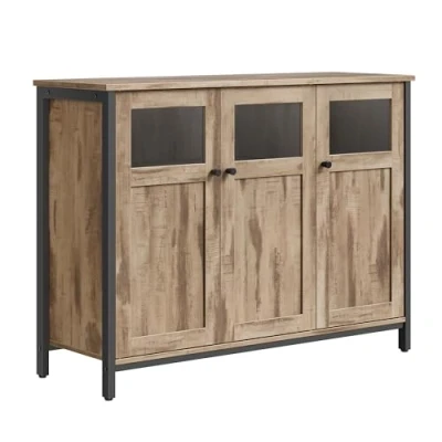 Bild av VASAGLE sideboard, köksskåp, förvaringsskåp, med glasdörrar, för vardagsrum, kök, matsal, stålram, industriell stil, kamelbrun ink svart LSC099K02