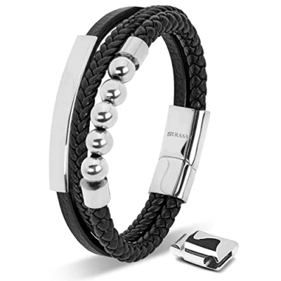 Bild av SERASAR Läderarmband för Män 20cm Flätat Silver Armband Pojkarmband Hanarmband Smyckepresentidé Jubileumspresenter Present till Make, Pojkvän, Vänner