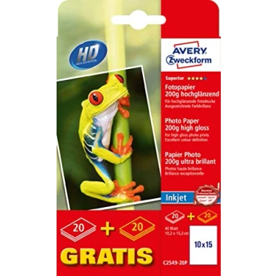 Bild av Avery Zweckform C2549 20P Superior bläckstråleskrivare fotopapper (40 ark, 200 g/m², format 10 x 15 mm, ensidig belagd, högglansig, utmärkt färgbriljans, bläckstråleskrivare, omedelbart torr)