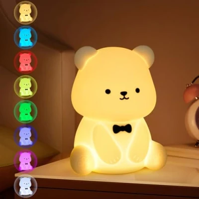 Bild av BUOAZR Barns björn nattljus, 8 färger bärbar silikonlampa med timer dimmer, laddningsbar nattlampa för barn i silikon, baby gåva flicka Kawaii dekoration babyrum amningsljus