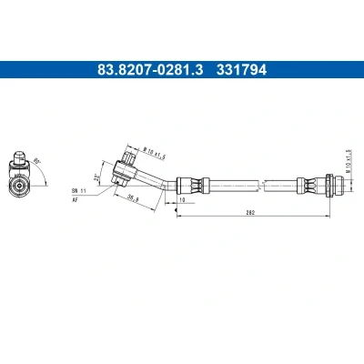 Bild av ATE 83.8207 0281.3 Bromsslang 282mm M10x1,5mm FORD USA: Mustang Mach E EV, EV 4x4, GT 4x4 2020