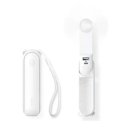 Bild av JISULIFE Bärbar minifläkt, 3 i 1 handfläkt, uppladdningsbar fickfläkt, batteridriven fläkt [1219 timmars arbete] med powerbank, ficklampsfunktion, vit