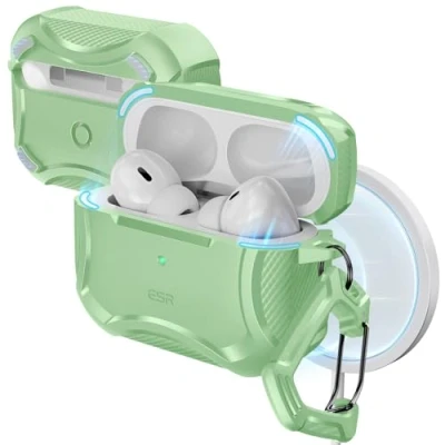 Bild av ESR för AirPods Pro 2 fodral med HaloLock, Cyber Armor Panzer kompatibel (2023/2022/2019), kompatibelt MagSafe, starkt fallskydd, magnetiskt lock, ljusgrön
