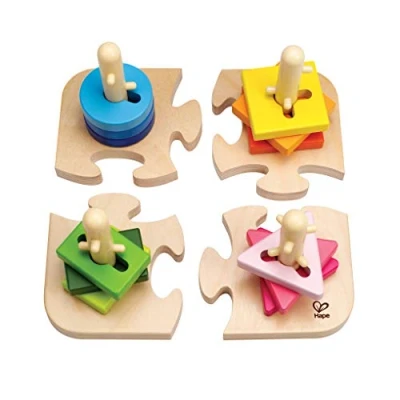Bild av Creative Peg Puzzle by Hape, Wooden Stacker Problem Solving for Toddlers, Stacking Toy with Different Grooved Shapes, Pegged Posts and Bright Colours