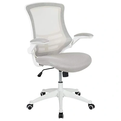 Bild av Flash Furniture Mid Back svängbar ergonomisk uppgift kontorsstol med flip up armar, skum metallplast konstruerat trä, ljusgrått nät/vit ram, set 1