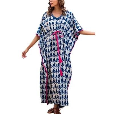 Bild av YouKD sommar bomull broderad blommig lös kaftan boho strand bikini övertäckningsklänning storstorlek morgonrock för kvinnor, Vit 1, en storlek
