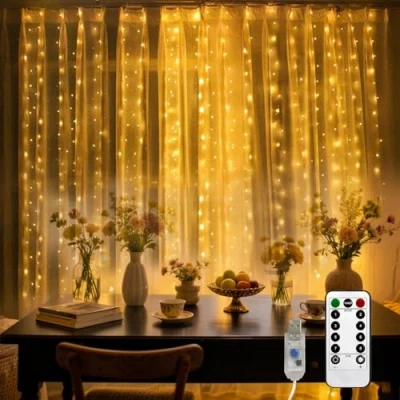 Bild av LQWELL LED ljusridå med fjärrkontroll, 3 x 3m 300 leds timer, dimbar, varmvit 8 lägen för rum bröllopsfest