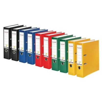 Bild av Original Falken 10 Pack PP Color Plastmappar. Made in Germany. 8 cm bred DIN A4 Vegan färgassorterad 2x vardera svart, blå, röd, gul, grön Mapp brevmapp Kontorsmapp
