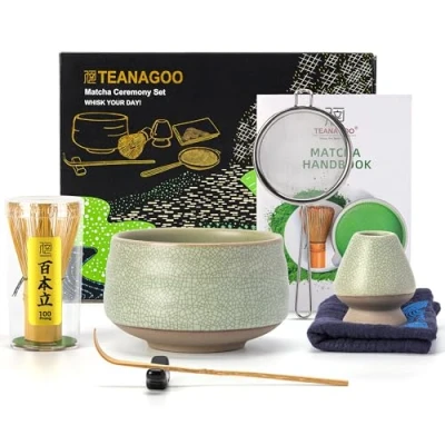 Bild av TEANAGOO japanskt tepaket, uppsättning med matchavisp, Matcha skål, bambus matchavisp (chasen), skopa (chashaku), hållare för teberedningskit. MSB 6, grönt tepulver. te kit