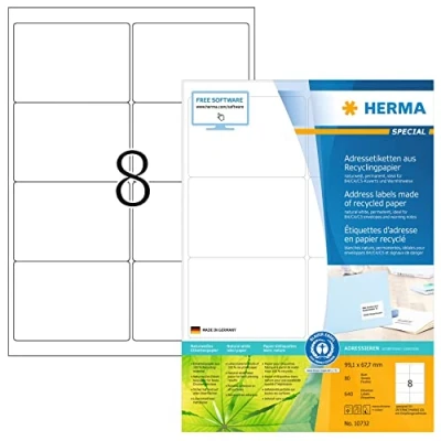 Bild av HERMA 10732 Återvinningsetiketter DIN A4 (99,1 x 67,7 mm, 80 ark, återvunnet papper, matt) självhäftande, utskrivbar, permanent självhäftande adressklistermärken, 640 etiketter, naturvit
