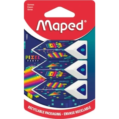 Bild av Maped Set med 3 pyramidsuddgummi ger precision och komfort vitt suddgummi Pixel Party serien återvinningsbar förpackning