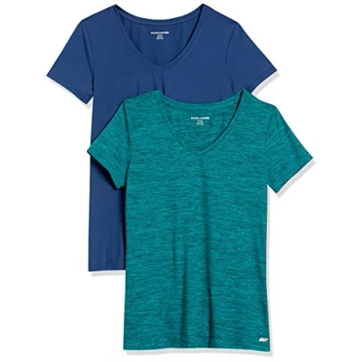 Bild av Amazon Essentials Dames Tech stretchig kortärmad V ringad T shirt (finns i plusstorlek), 2 Pack, Blå/Blågrön Rymdfärg, S