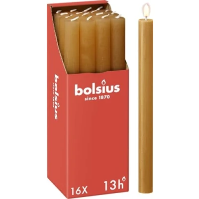 Bild av Bolsius Rustik stavljus ockragul 16 stycken 27 x 2,3 cm längd brinntid 13 timmar oparfymerat innehåller naturligt växtvax utan palmolja