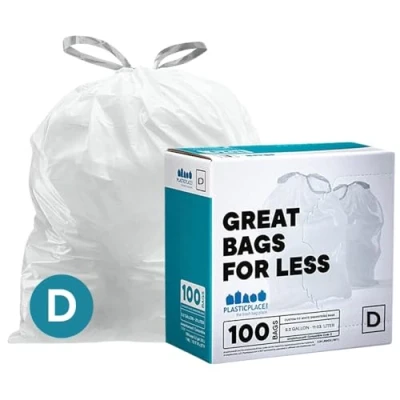 Bild av Plasticplace Skräddarsydda papperskorgar │ simplehuman (x) kod D kompatibel (100 antal) Vit dragsko skräpfoder 5,3 gallon / 20 liter 40 cm x 71