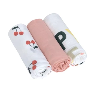 Bild av Casual Baby Muslinduk dregellock skötfilt set om 3 bomull 80 x cm/Heavenly Soft Swaddle L Happy Fruits Cherry