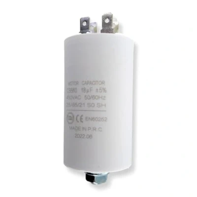 Bild av DEKAROX Universell kondensator 18 µF 450 V Ø 40 x 70 mm med 6,3 AMP uttag, monteringsskruv M8, CBB60, motorstart och löpkondensator för elektriska hushållsapparater