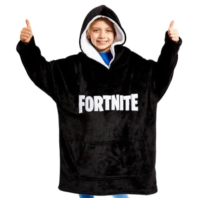 Bild av Fortnite huvtröja för pojkar, barn överdimensionerad filt, spelare fleece poncho och tonåringar, officiella varor, Svart, one size