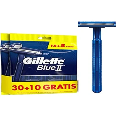 Bild av Gillette Blue II Man rakapparat, Engångs rakblad med Fast huvud, 30+10 gratis, 40 enheter, Blå