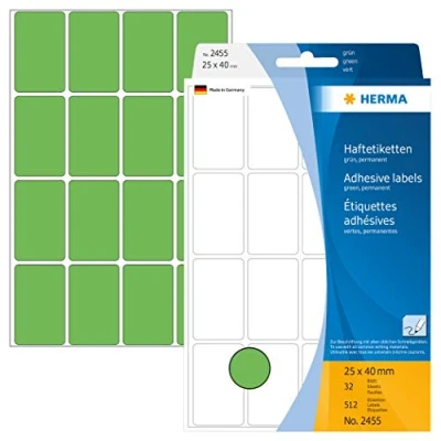 Bild av HERMA 2455 multifunktionsetiketter små (25 x 40 mm, 32 ark, papper, matt) självhäftande, permanenta hushållsetiketter för handskriven märkning, 512 klistermärken, grön