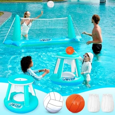 Bild av Uppblåsbart pool flytande set, volleyboll, nät och baskethoops bollar för barn vuxna, simlekleksak, flytande, sommarfloaties, poolfest, volleybollcourt (40 x 60 cm cm) basketboll (60