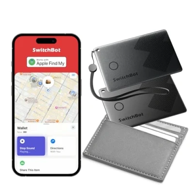 Bild av SwitchBot plånbok Finder kort 2 pack, smart AirTag fungerar med Apple Find My(IOS) endast), artikellokalisering, Bluetooth spårare för nycklar, telefoner, bagage, artiklar upp till 3 års