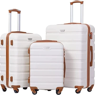 Bild av COOLIFE resväska med hårt skal, rullväska, resväska, ardskal, handbagage TSA lås och 4 hjul, Vit/brun, Koffer Set, Premium
