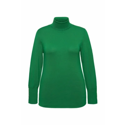 Bild av Ulla Popken Rollkragen ZIERKNÖPFE Langarm Stickad tröja, Storlek: 50/52, Emerald green