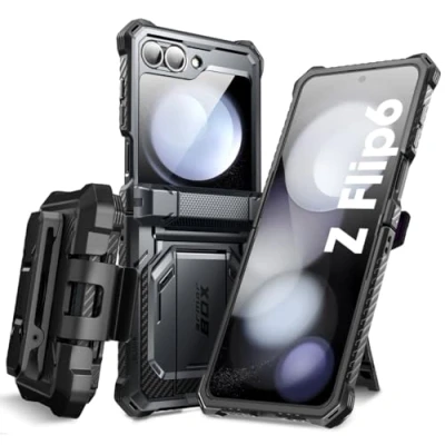 Bild av i Blason Fodral för Samsung Galaxy Z Flip 6 med Stativ, [Inbyggt Skärmskydd] [Gångjärnsskydd] [Bältklämma], Militärt Helkroppsfodral, Armorbox serien (Svart)