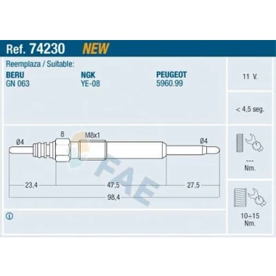 Bild av FAE 74230 Bougie de préchauffage 11V M 8x1 PEUGEOT: 407 Berline, SW, 607 CITROËN: C5 II 5 portes, Break, C6 Berline