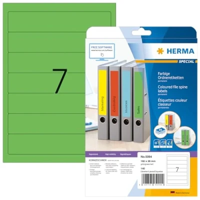 Bild av HERMA 5094 mappetiketter A4 kort/smal (192 x 38 mm, 20 ark, papper, matt) självhäftande, utskrivbara, permanenta mappa ryggetiketter, 140 filetiketter, grön