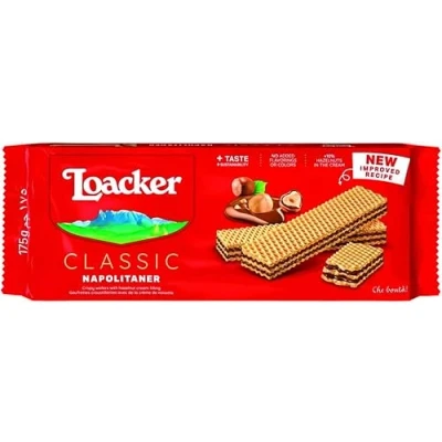 Bild av 12x Loacker Wafer Napolitan kex Snack Biscuits våffla med hasselnötskräm 175 g fina italienska hasselnötter