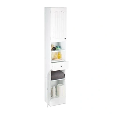 Bild av Relaxdays Badrum högskåp, tvådörrars träbadrumsskåp med låda, lameller, H x B D: 173,5 30,5 32 cm, vit