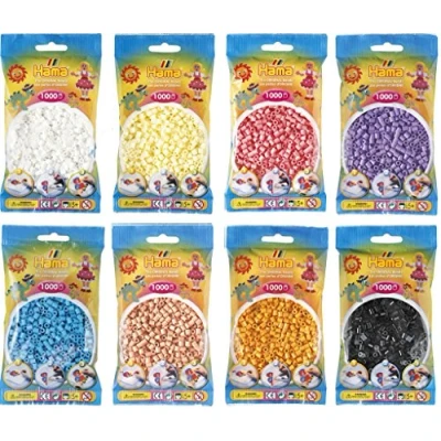 Bild av Hama Happy Price Toys Midi strykpärlor (Kon 16) i paket med 8 färger (vit, kräm, ljusröd, svart, hudfärger, pastellila, azurblå, nallebjörnsfärg) + strykinstruktioner 3 designmallar